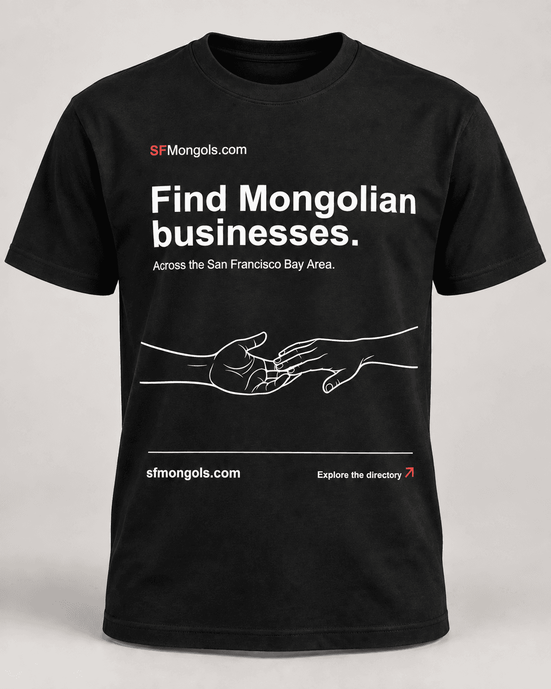 Black SFMongols T-shirt with illustrated hands and community artwork