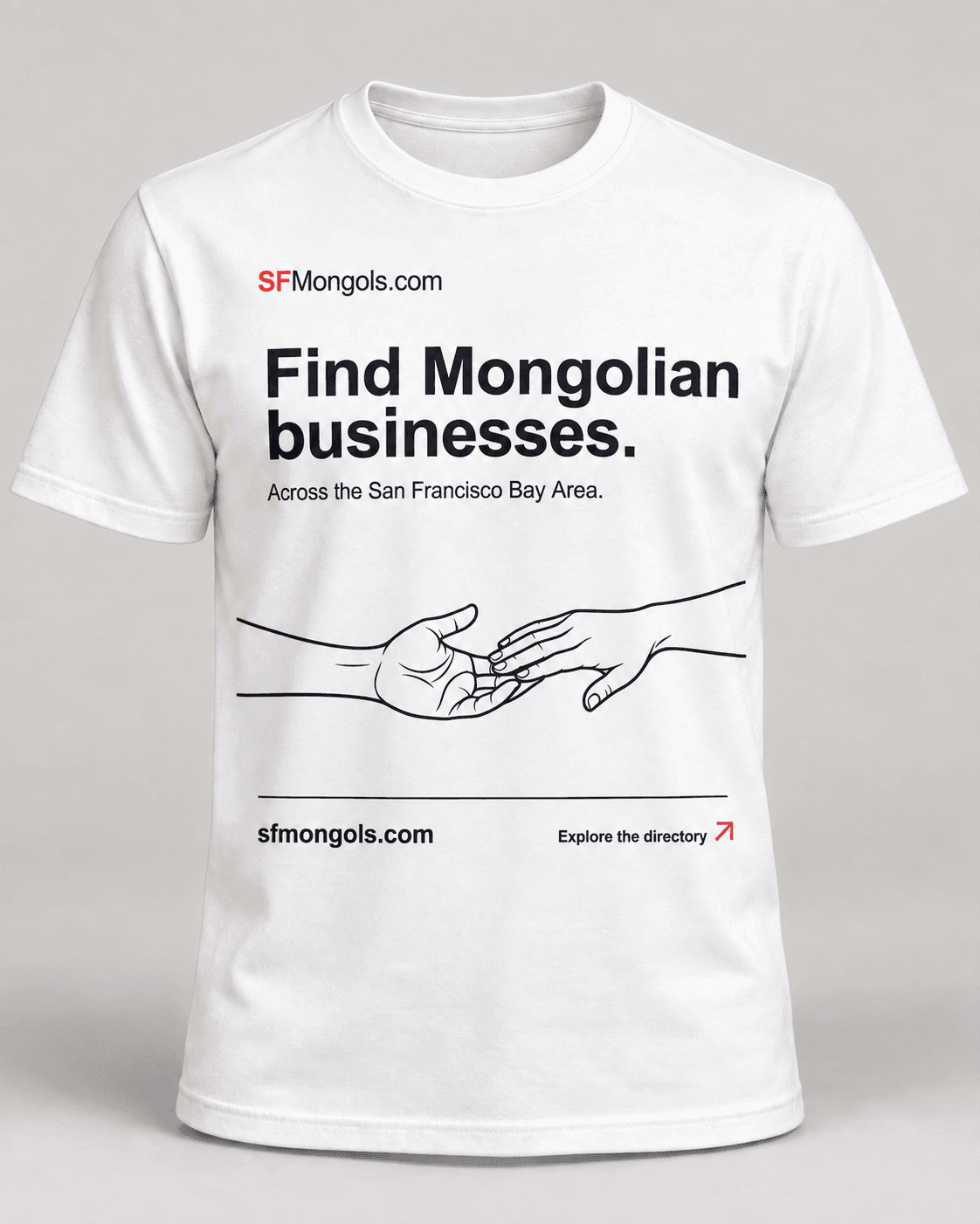 White SFMongols T-shirt with illustrated hands and community artwork