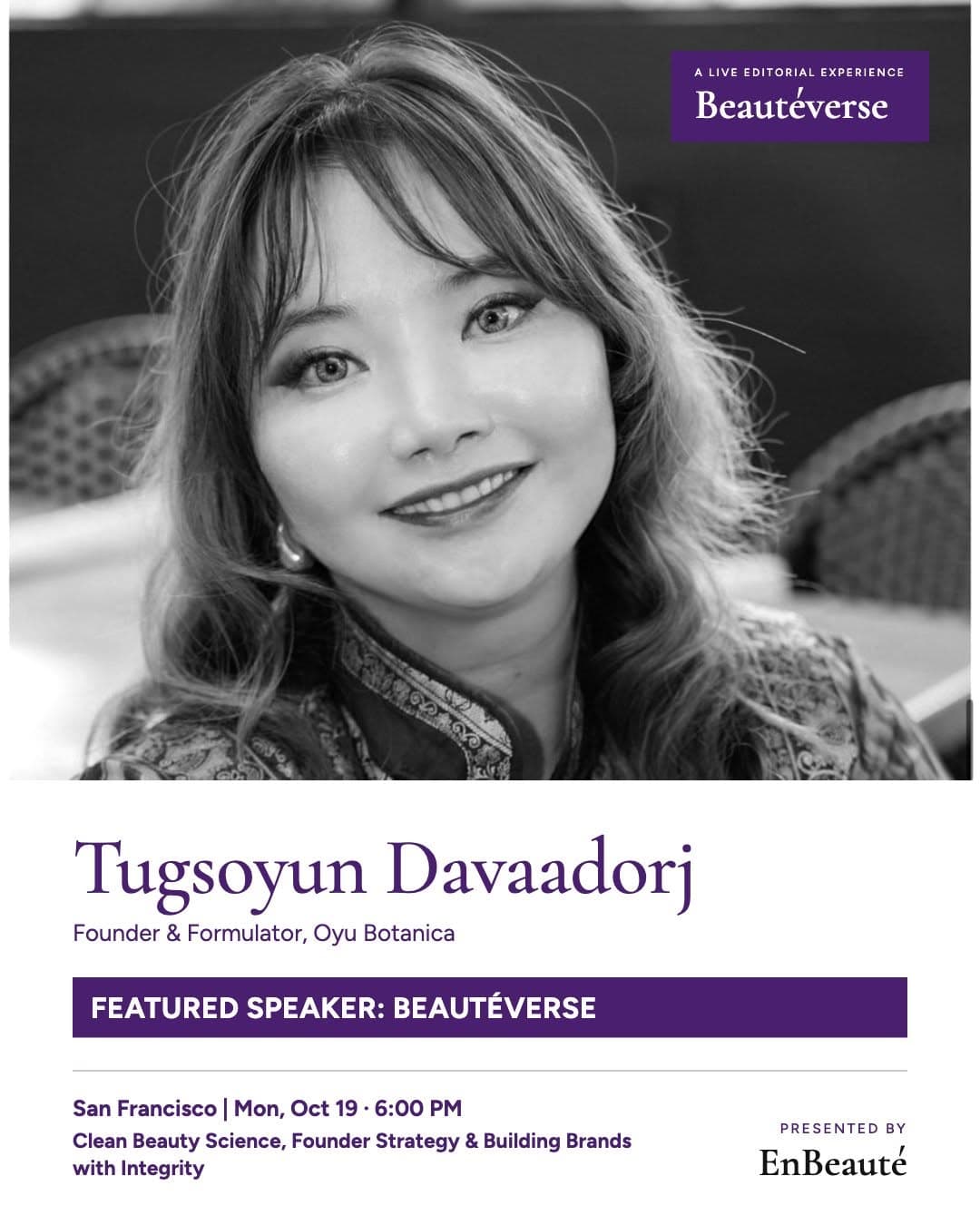 Beautéverse speaker poster featuring Tugsoyun Davaadorj, founder and formulator of Oyu Botanica — October 19 at 6 PM in San Francisco