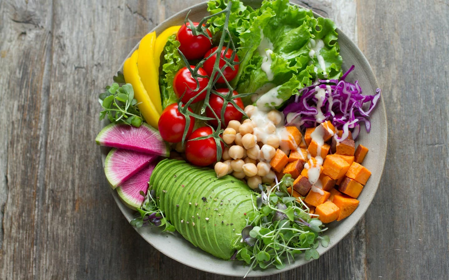 Illustrative bowl of vegetable salads